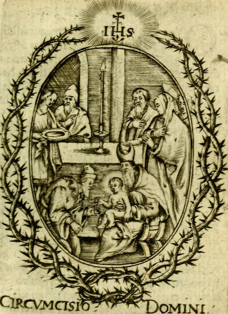 An illustration from Fasti Mariani cum illustrium diuorum imaginib. & elogijs prope DC. in singulos anni menses diésq SS. natales distributis, 1630, leaf 32