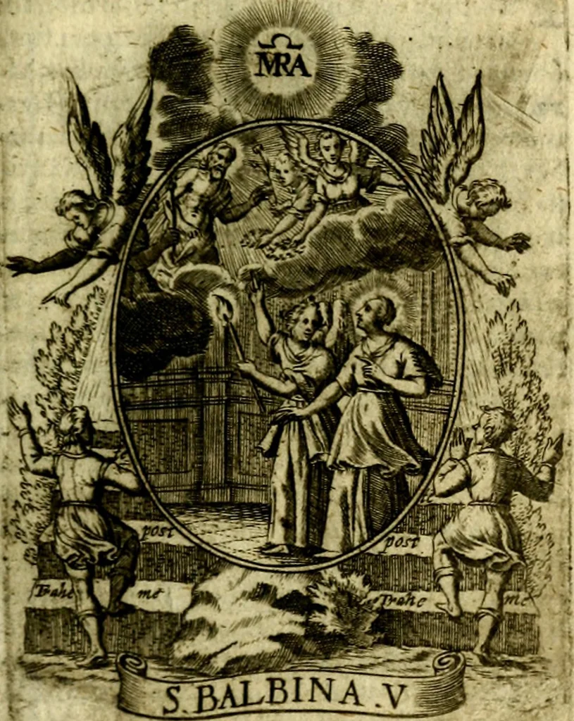 An illustration from Fasti Mariani cum illustrium diuorum imaginib. & elogijs prope DC. in singulos anni menses diésq SS. natales distributis, 1630, leaf 322