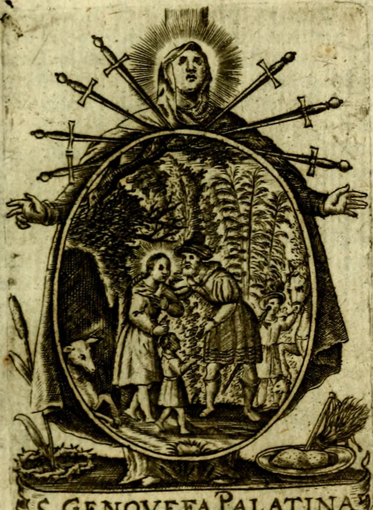 An illustration from Fasti Mariani cum illustrium diuorum imaginib. & elogijs prope DC. in singulos anni menses diésq SS. natales distributis, 1630, leaf 330