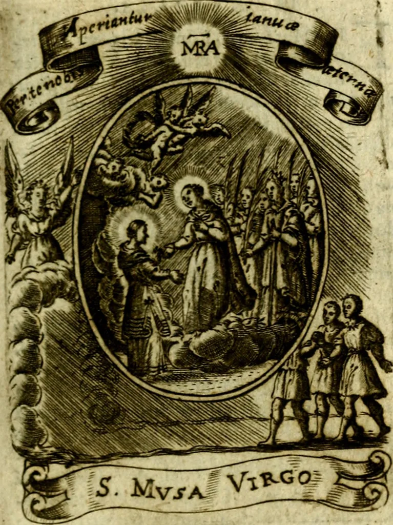An illustration from Fasti Mariani cum illustrium diuorum imaginib. & elogijs prope DC. in singulos anni menses diésq SS. natales distributis, 1630, leaf 332