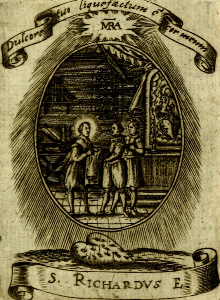 An illustration from Fasti Mariani cum illustrium diuorum imaginib. & elogijs prope DC. in singulos anni menses diésq SS. natales distributis, 1630, leaf 334