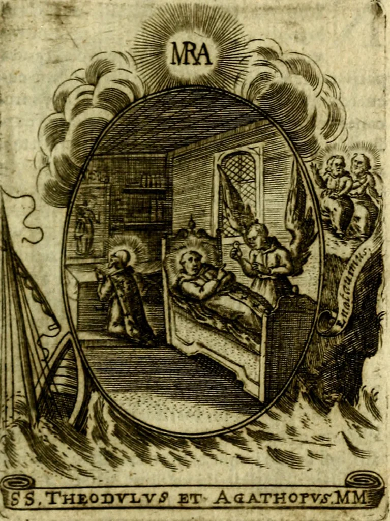 An illustration from Fasti Mariani cum illustrium diuorum imaginib. & elogijs prope DC. in singulos anni menses diésq SS. natales distributis, 1630, leaf 338