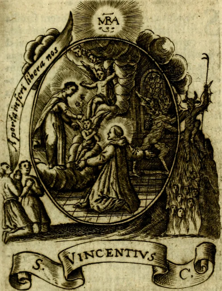 An illustration from Fasti Mariani cum illustrium diuorum imaginib. & elogijs prope DC. in singulos anni menses diésq SS. natales distributis, 1630, leaf 340
