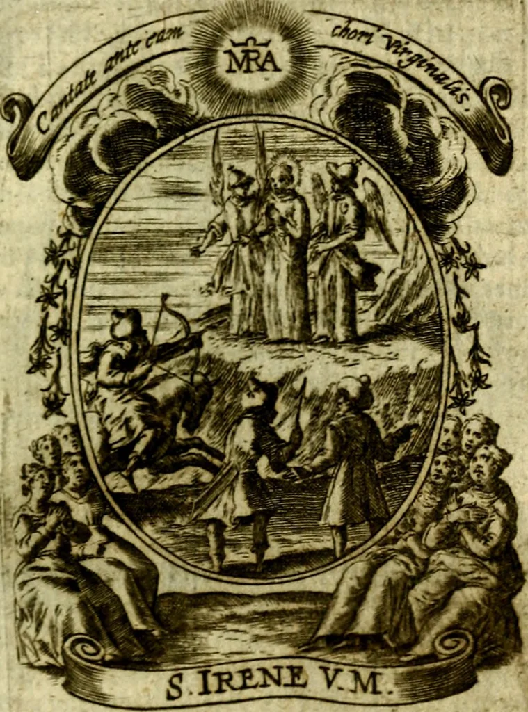 An illustration from Fasti Mariani cum illustrium diuorum imaginib. & elogijs prope DC. in singulos anni menses diésq SS. natales distributis, 1630, leaf 342