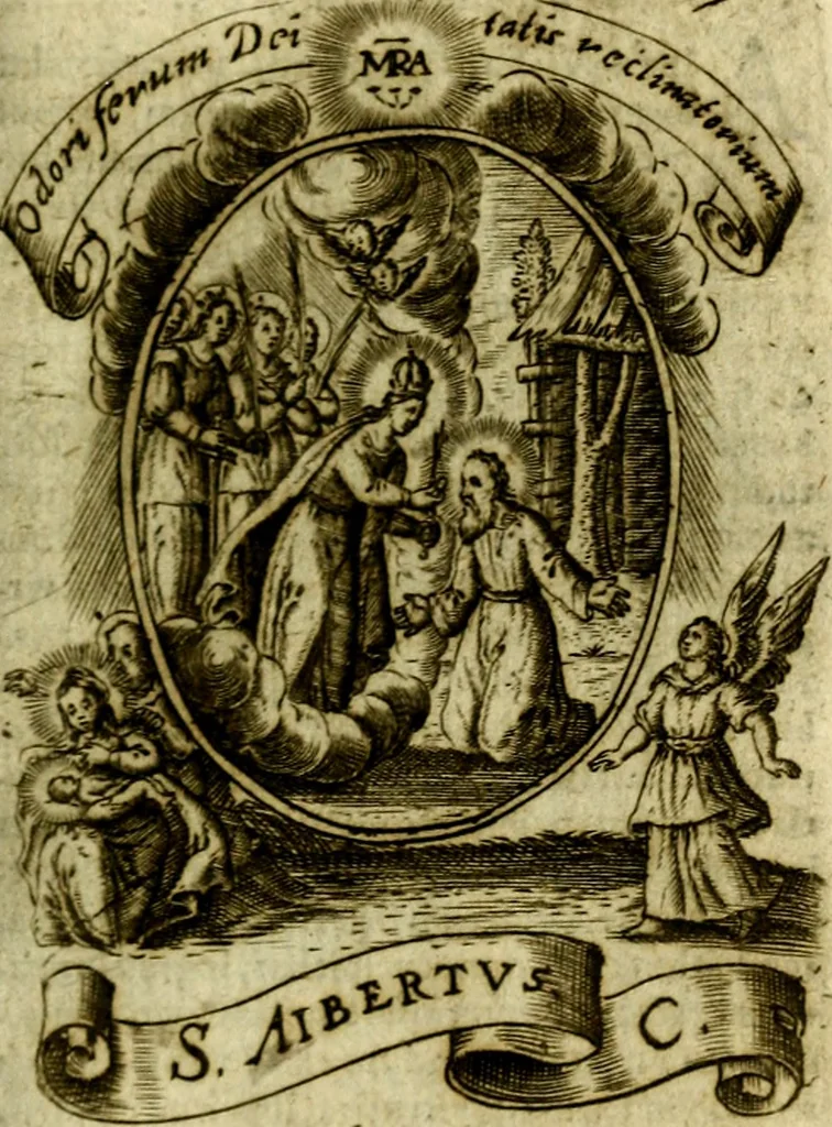 An illustration from Fasti Mariani cum illustrium diuorum imaginib. & elogijs prope DC. in singulos anni menses diésq SS. natales distributis, 1630, leaf 348