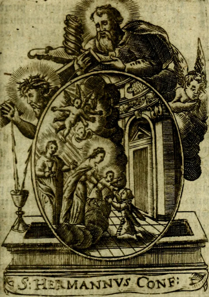 An illustration from Fasti Mariani cum illustrium diuorum imaginib. & elogijs prope DC. in singulos anni menses diésq SS. natales distributis, 1630, leaf 350