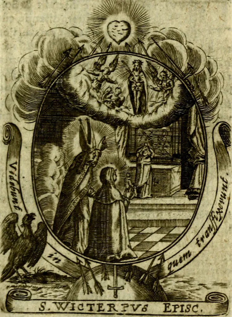 An illustration from Fasti Mariani cum illustrium diuorum imaginib. & elogijs prope DC. in singulos anni menses diésq SS. natales distributis, 1630, leaf 352