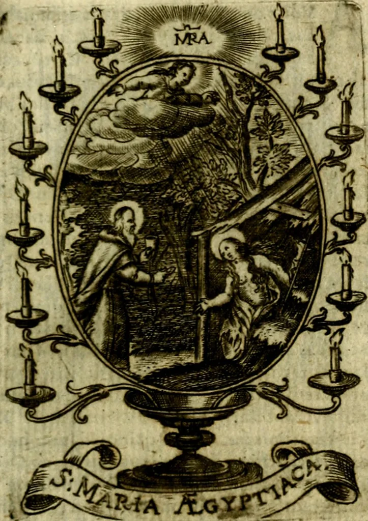 An illustration from Fasti Mariani cum illustrium diuorum imaginib. & elogijs prope DC. in singulos anni menses diésq SS. natales distributis, 1630, leaf 354