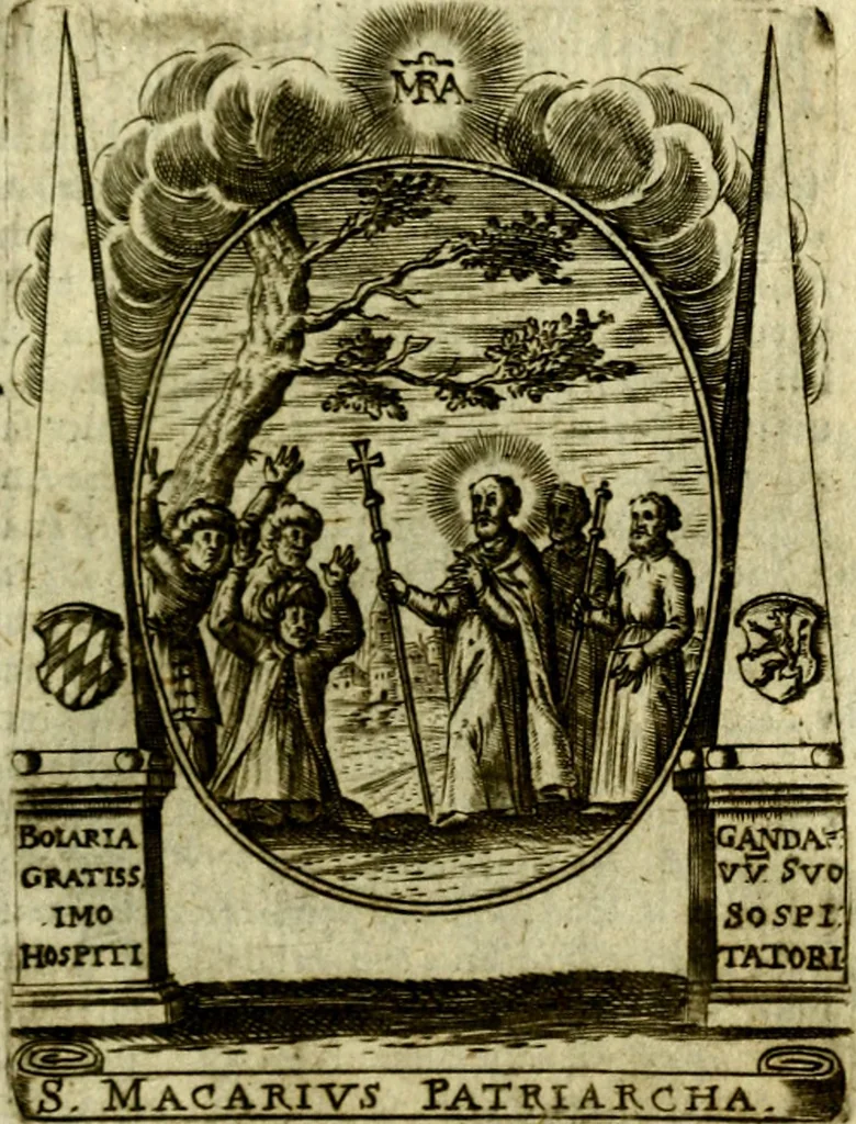 An illustration from Fasti Mariani cum illustrium diuorum imaginib. & elogijs prope DC. in singulos anni menses diésq SS. natales distributis, 1630, leaf 356