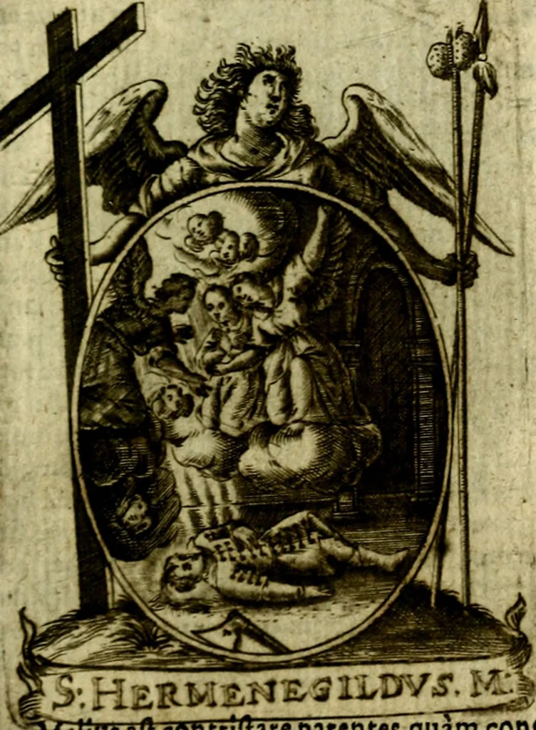 An illustration from Fasti Mariani cum illustrium diuorum imaginib. & elogijs prope DC. in singulos anni menses diésq SS. natales distributis, 1630, leaf 364