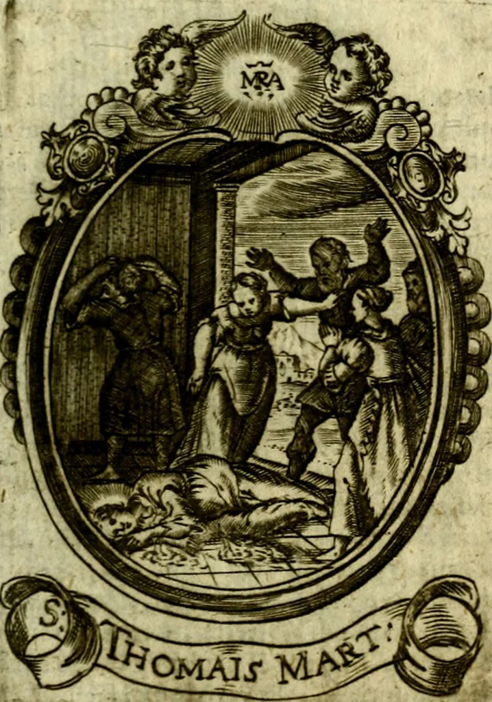 An illustration from Fasti Mariani cum illustrium diuorum imaginib. & elogijs prope DC. in singulos anni menses diésq SS. natales distributis, 1630, leaf 366