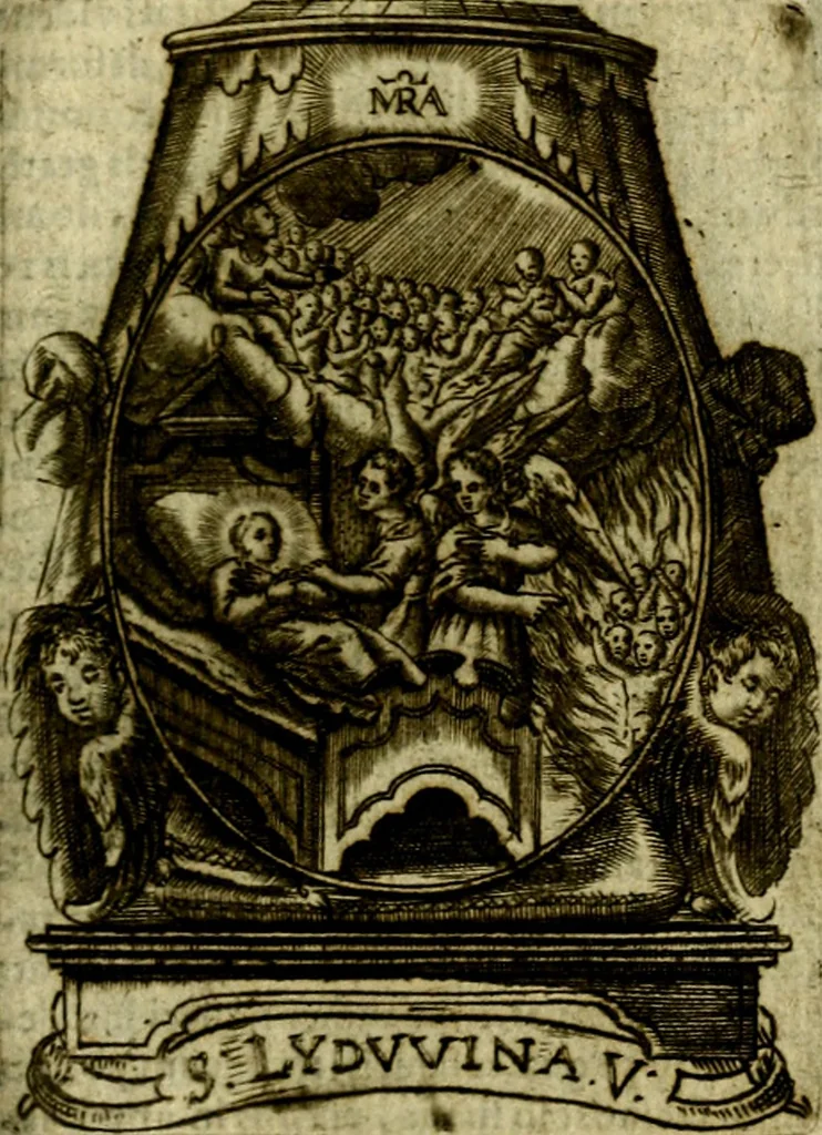 An illustration from Fasti Mariani cum illustrium diuorum imaginib. & elogijs prope DC. in singulos anni menses diésq SS. natales distributis, 1630, leaf 368