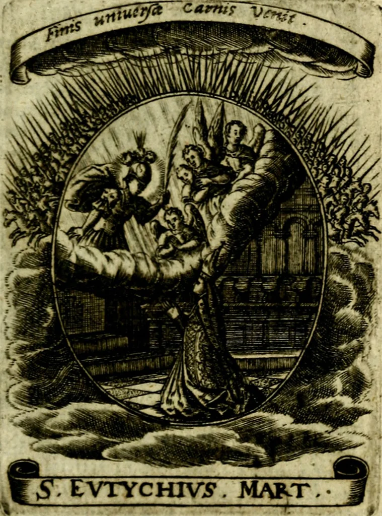An illustration from Fasti Mariani cum illustrium diuorum imaginib. & elogijs prope DC. in singulos anni menses diésq SS. natales distributis, 1630, leaf 372