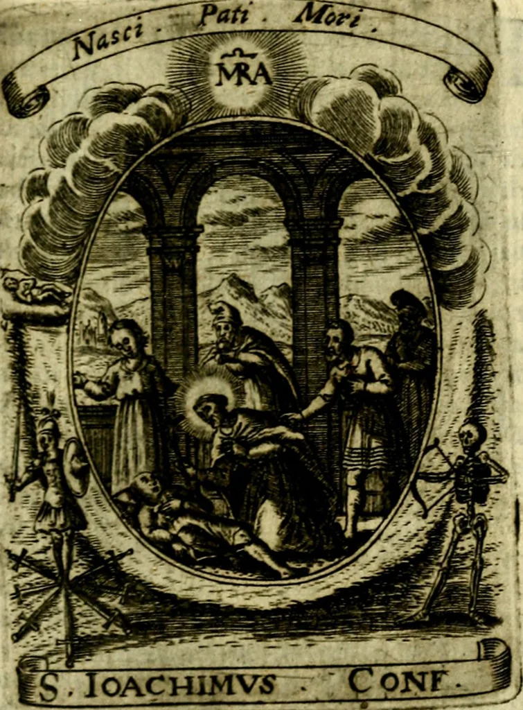 An illustration from Fasti Mariani cum illustrium diuorum imaginib. & elogijs prope DC. in singulos anni menses diésq SS. natales distributis, 1630, leaf 374