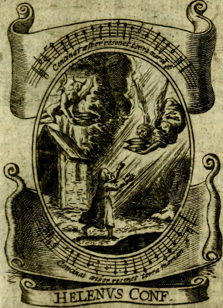 An illustration from Fasti Mariani cum illustrium diuorum imaginib. & elogijs prope DC. in singulos anni menses diésq SS. natales distributis, 1630, leaf 376