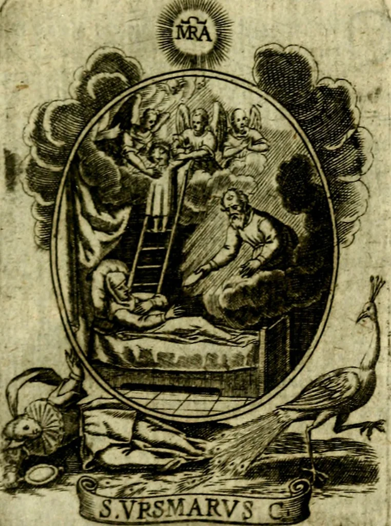 An illustration from Fasti Mariani cum illustrium diuorum imaginib. & elogijs prope DC. in singulos anni menses diésq SS. natales distributis, 1630, leaf 378
