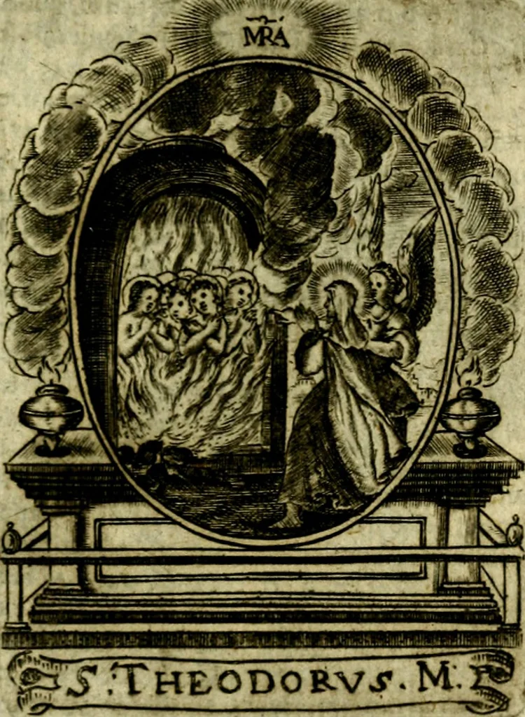 An illustration from Fasti Mariani cum illustrium diuorum imaginib. & elogijs prope DC. in singulos anni menses diésq SS. natales distributis, 1630, leaf 380
