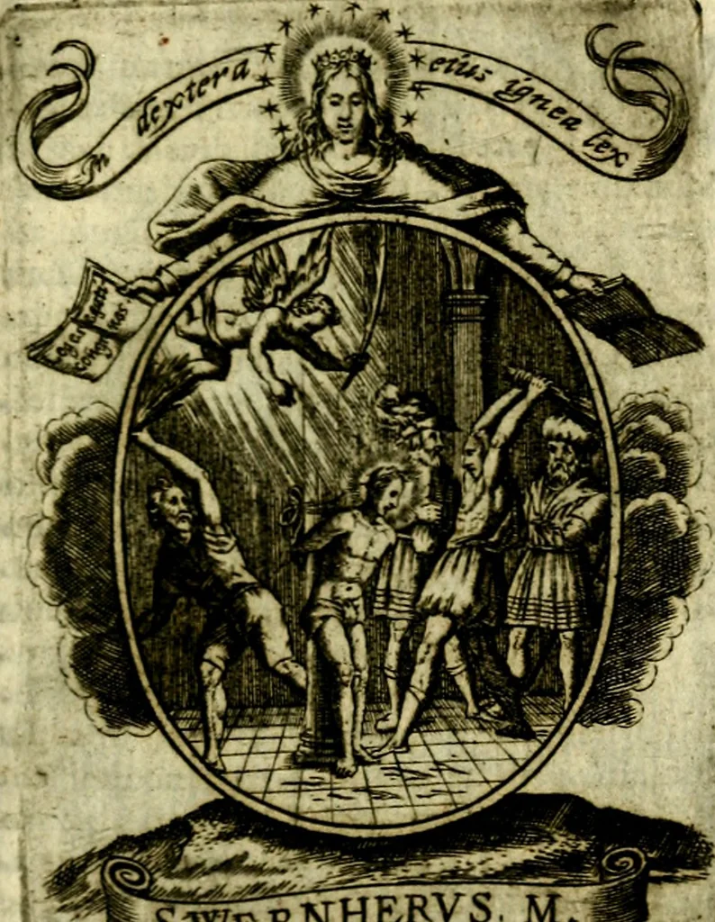 An illustration from Fasti Mariani cum illustrium diuorum imaginib. & elogijs prope DC. in singulos anni menses diésq SS. natales distributis, 1630, leaf 382