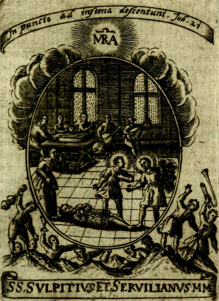 An illustration from Fasti Mariani cum illustrium diuorum imaginib. & elogijs prope DC. in singulos anni menses diésq SS. natales distributis, 1630, leaf 384
