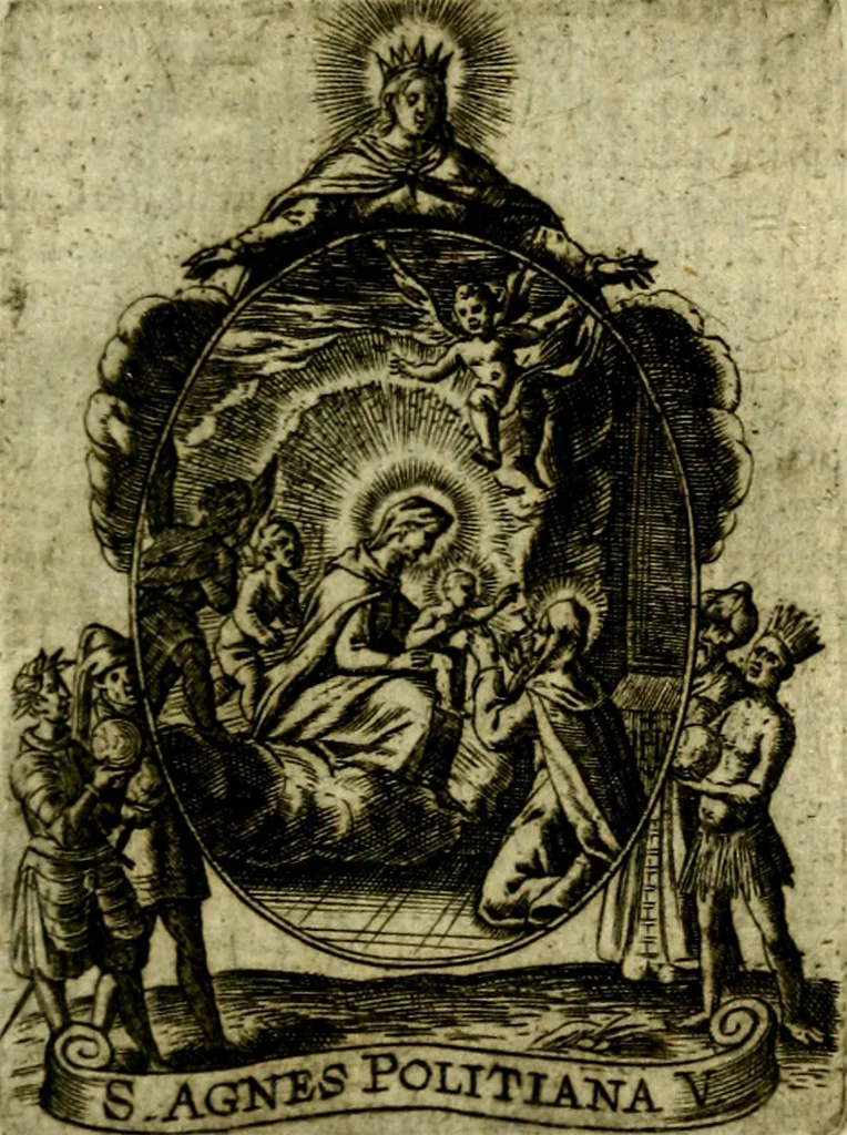 An illustration from Fasti Mariani cum illustrium diuorum imaginib. & elogijs prope DC. in singulos anni menses diésq SS. natales distributis, 1630, leaf 386