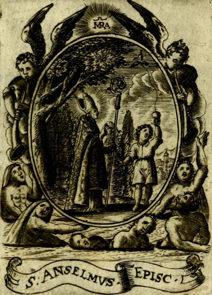 An illustration from Fasti Mariani cum illustrium diuorum imaginib. & elogijs prope DC. in singulos anni menses diésq SS. natales distributis, 1630, leaf 388