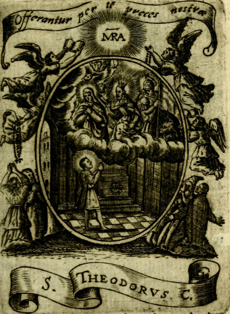 An illustration from Fasti Mariani cum illustrium diuorum imaginib. & elogijs prope DC. in singulos anni menses diésq SS. natales distributis, 1630, leaf 390