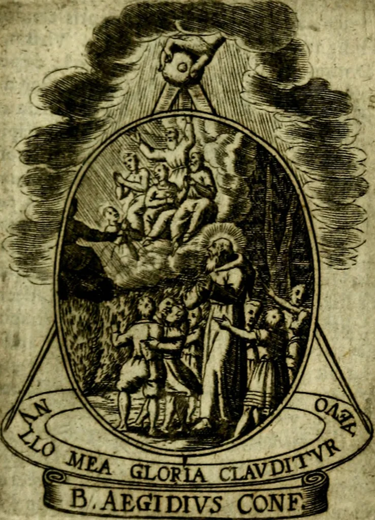 An illustration from Fasti Mariani cum illustrium diuorum imaginib. & elogijs prope DC. in singulos anni menses diésq SS. natales distributis, 1630, leaf 392