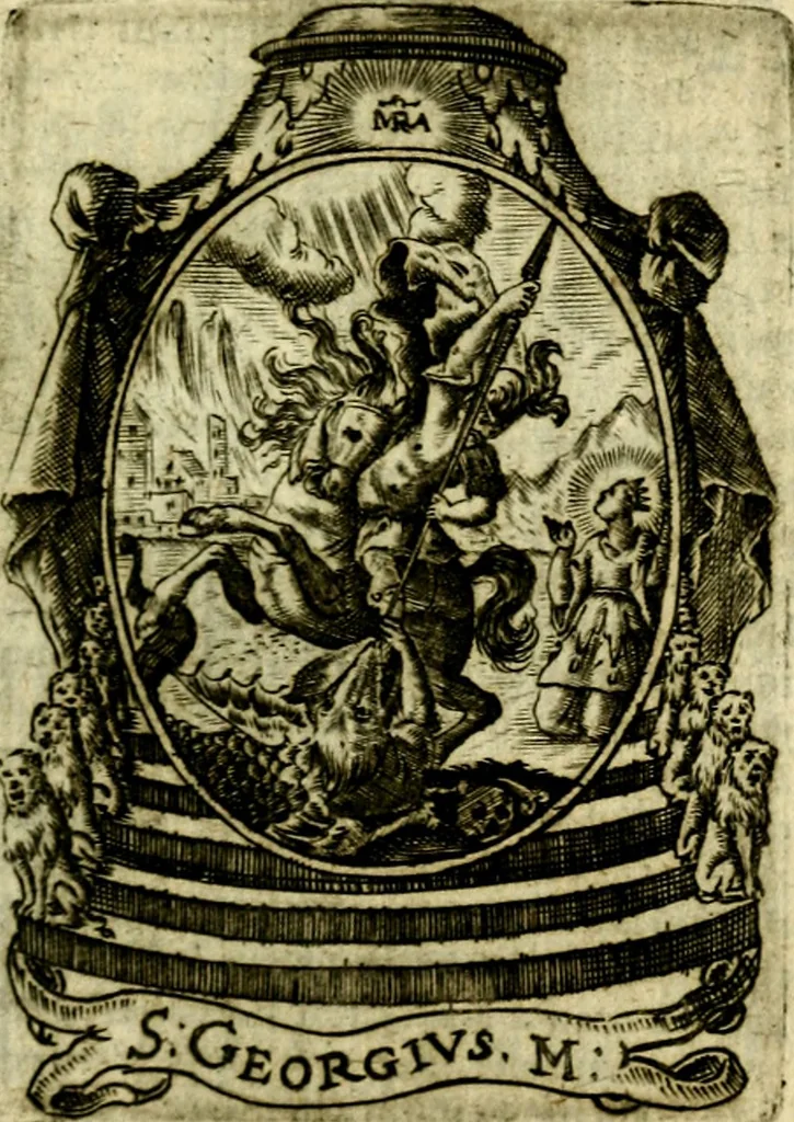 An illustration from Fasti Mariani cum illustrium diuorum imaginib. & elogijs prope DC. in singulos anni menses diésq SS. natales distributis, 1630, leaf 394