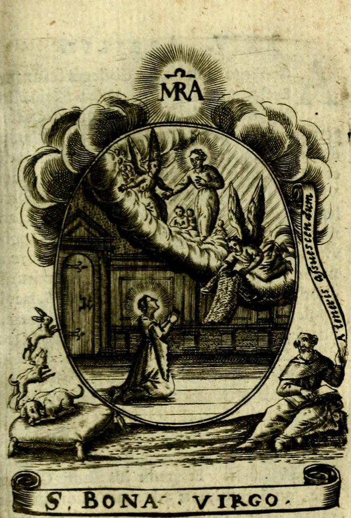 An illustration from Fasti Mariani cum illustrium diuorum imaginib. & elogijs prope DC. in singulos anni menses diésq SS. natales distributis, 1630, leaf 396