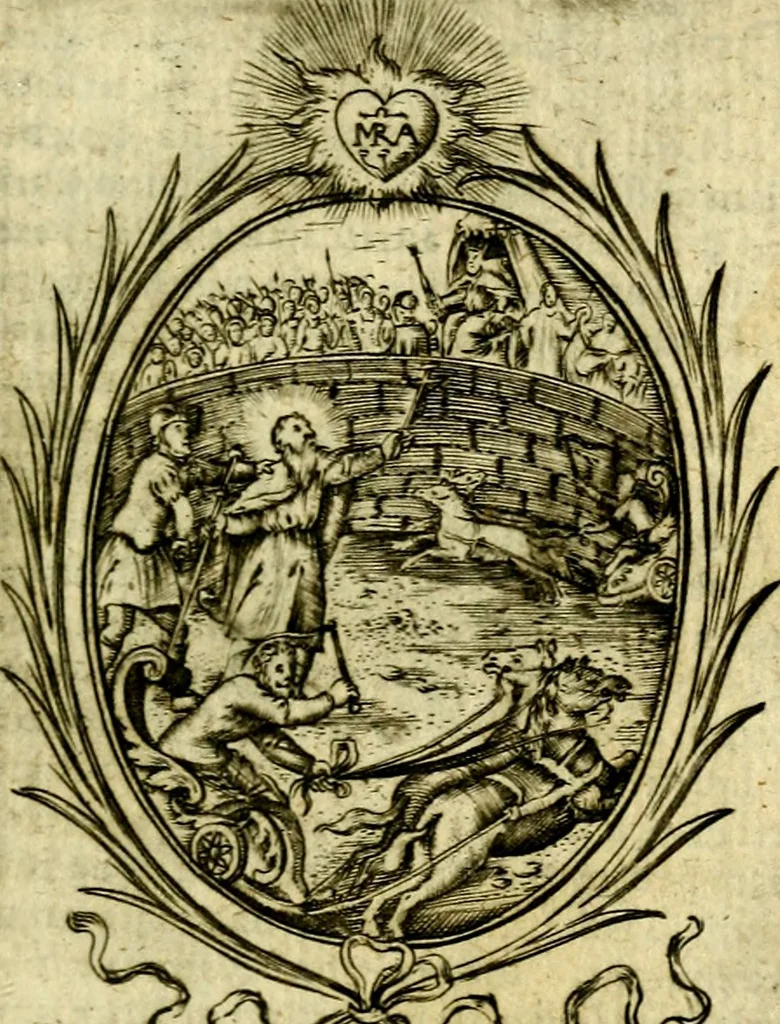 An illustration from Fasti Mariani cum illustrium diuorum imaginib. & elogijs prope DC. in singulos anni menses diésq SS. natales distributis, 1630, leaf 40