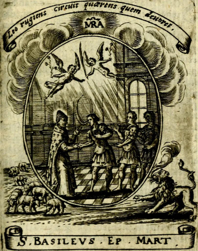 An illustration from Fasti Mariani cum illustrium diuorum imaginib. & elogijs prope DC. in singulos anni menses diésq SS. natales distributis, 1630, leaf 400