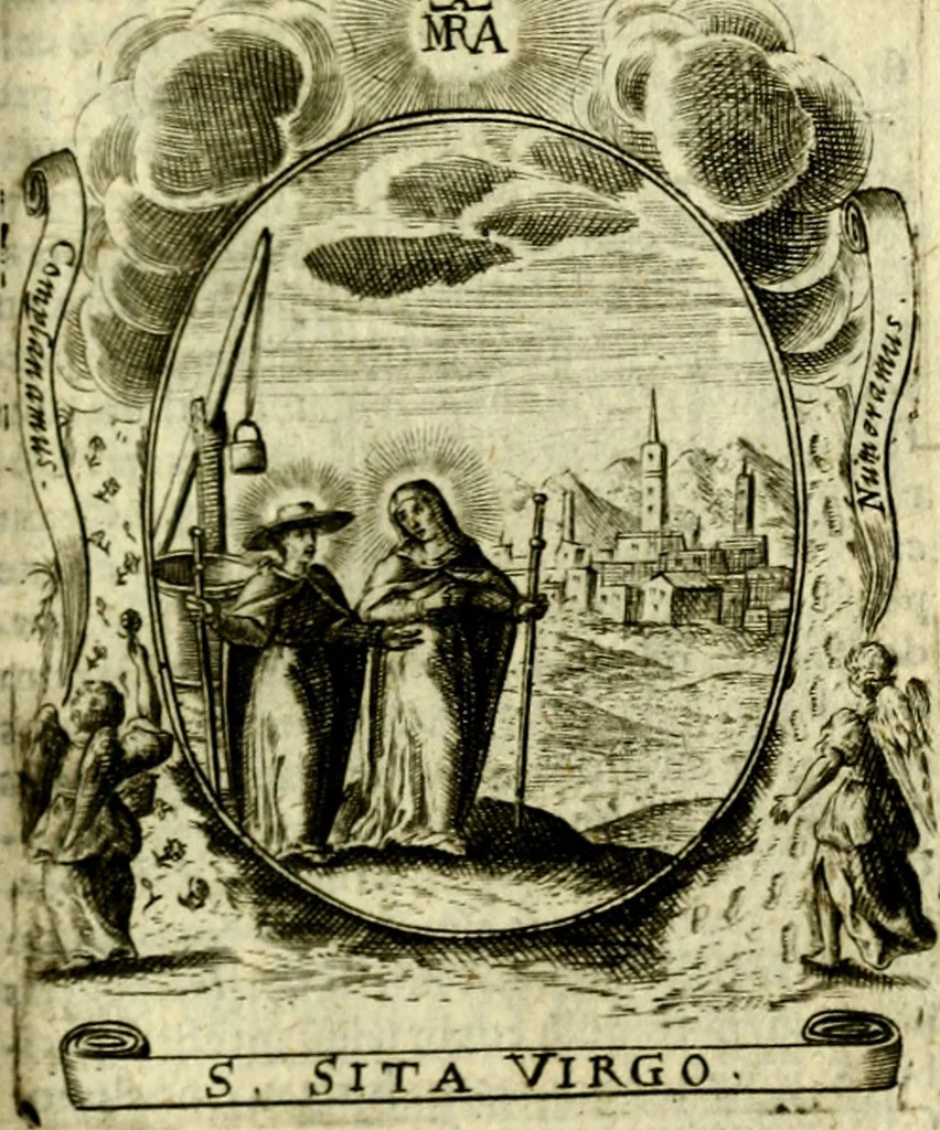 An illustration from Fasti Mariani cum illustrium diuorum imaginib. & elogijs prope DC. in singulos anni menses diésq SS. natales distributis, 1630, leaf 402