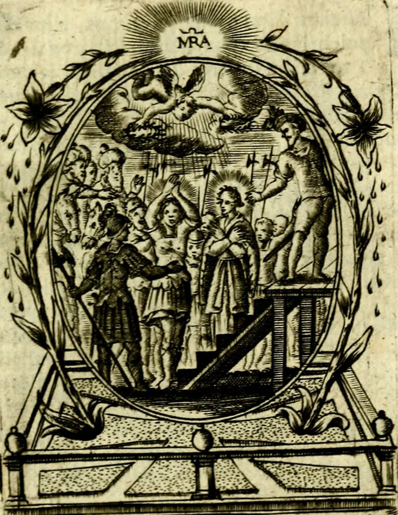 An illustration from Fasti Mariani cum illustrium diuorum imaginib. & elogijs prope DC. in singulos anni menses diésq SS. natales distributis, 1630, leaf 404