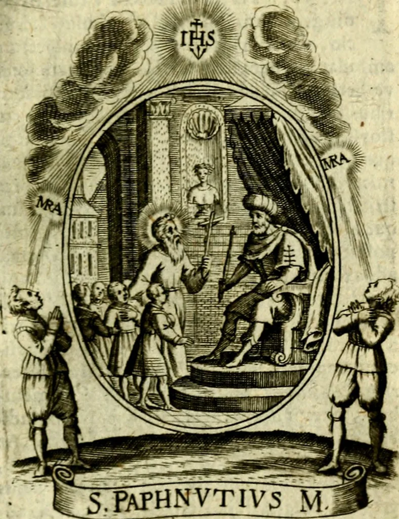 An illustration from Fasti Mariani cum illustrium diuorum imaginib. & elogijs prope DC. in singulos anni menses diésq SS. natales distributis, 1630, leaf 406