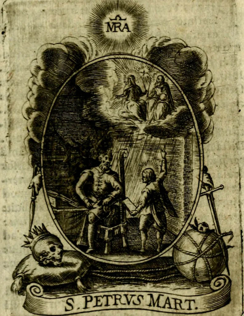 An illustration from Fasti Mariani cum illustrium diuorum imaginib. & elogijs prope DC. in singulos anni menses diésq SS. natales distributis, 1630, leaf 408
