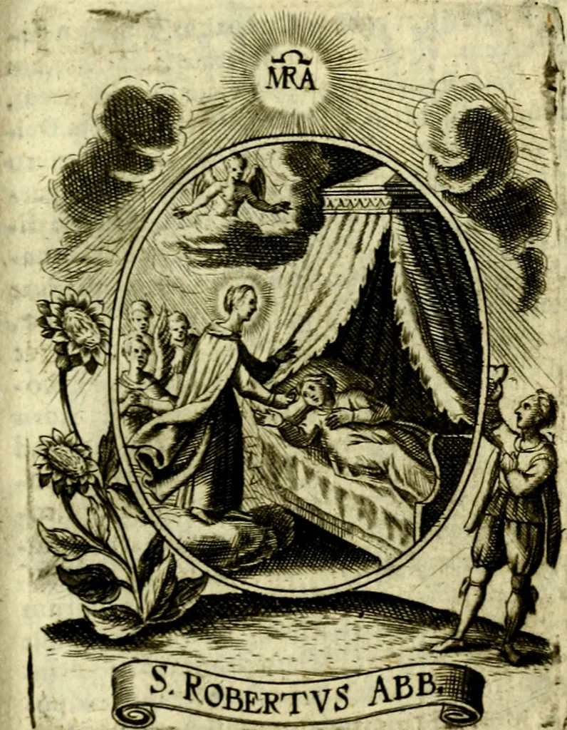 An illustration from Fasti Mariani cum illustrium diuorum imaginib. & elogijs prope DC. in singulos anni menses diésq SS. natales distributis, 1630, leaf 414