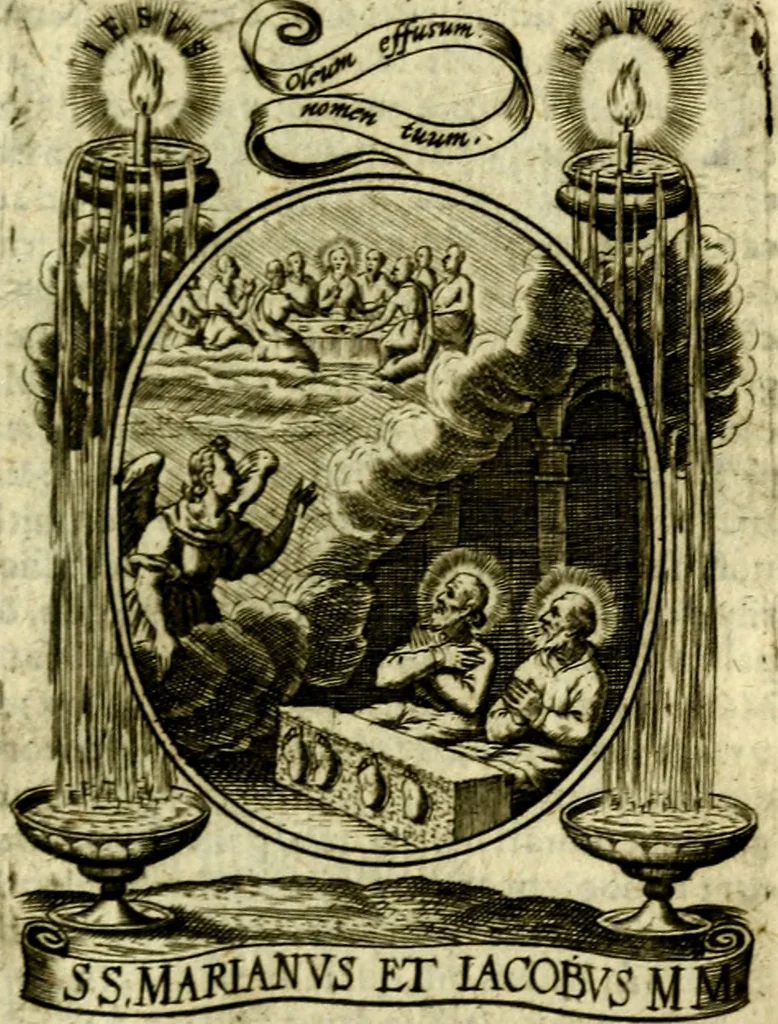 An illustration from Fasti Mariani cum illustrium diuorum imaginib. & elogijs prope DC. in singulos anni menses diésq SS. natales distributis, 1630, leaf 416
