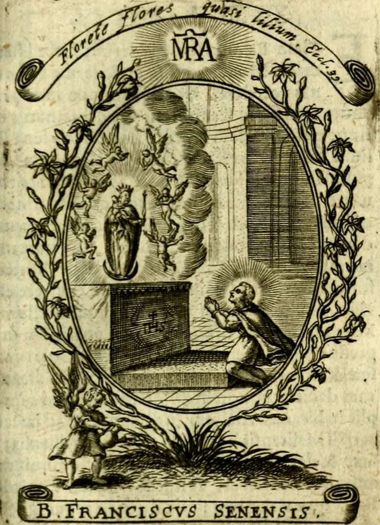 An illustration from Fasti Mariani cum illustrium diuorum imaginib. & elogijs prope DC. in singulos anni menses diésq SS. natales distributis, 1630, leaf 418