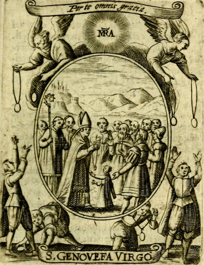An illustration from Fasti Mariani cum illustrium diuorum imaginib. & elogijs prope DC. in singulos anni menses diésq SS. natales distributis, 1630, leaf 42