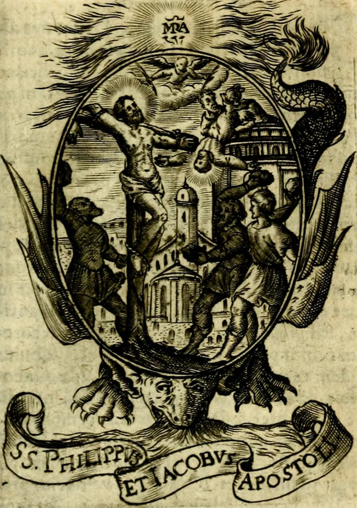 An illustration from Fasti Mariani cum illustrium diuorum imaginib. & elogijs prope DC. in singulos anni menses diésq SS. natales distributis, 1630, leaf 422