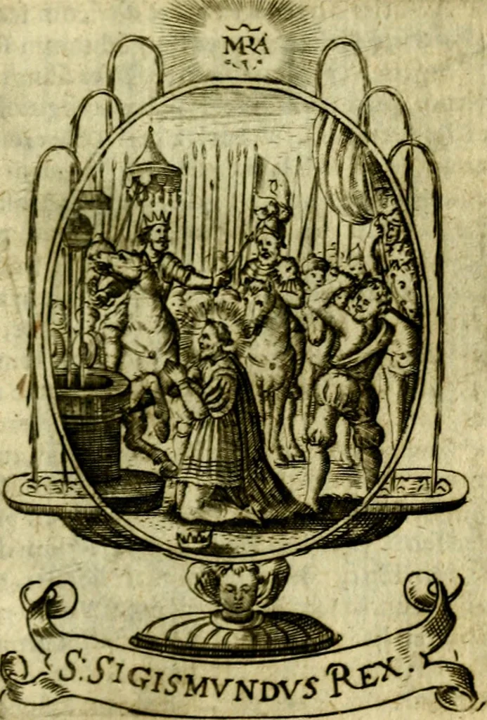 An illustration from Fasti Mariani cum illustrium diuorum imaginib. & elogijs prope DC. in singulos anni menses diésq SS. natales distributis, 1630, leaf 424