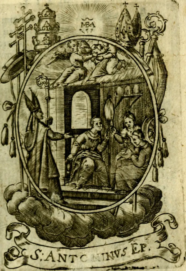 An illustration from Fasti Mariani cum illustrium diuorum imaginib. & elogijs prope DC. in singulos anni menses diésq SS. natales distributis, 1630, leaf 428
