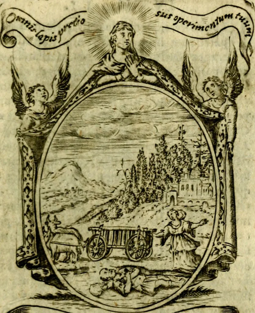 An illustration from Fasti Mariani cum illustrium diuorum imaginib. & elogijs prope DC. in singulos anni menses diésq SS. natales distributis, 1630, leaf 432