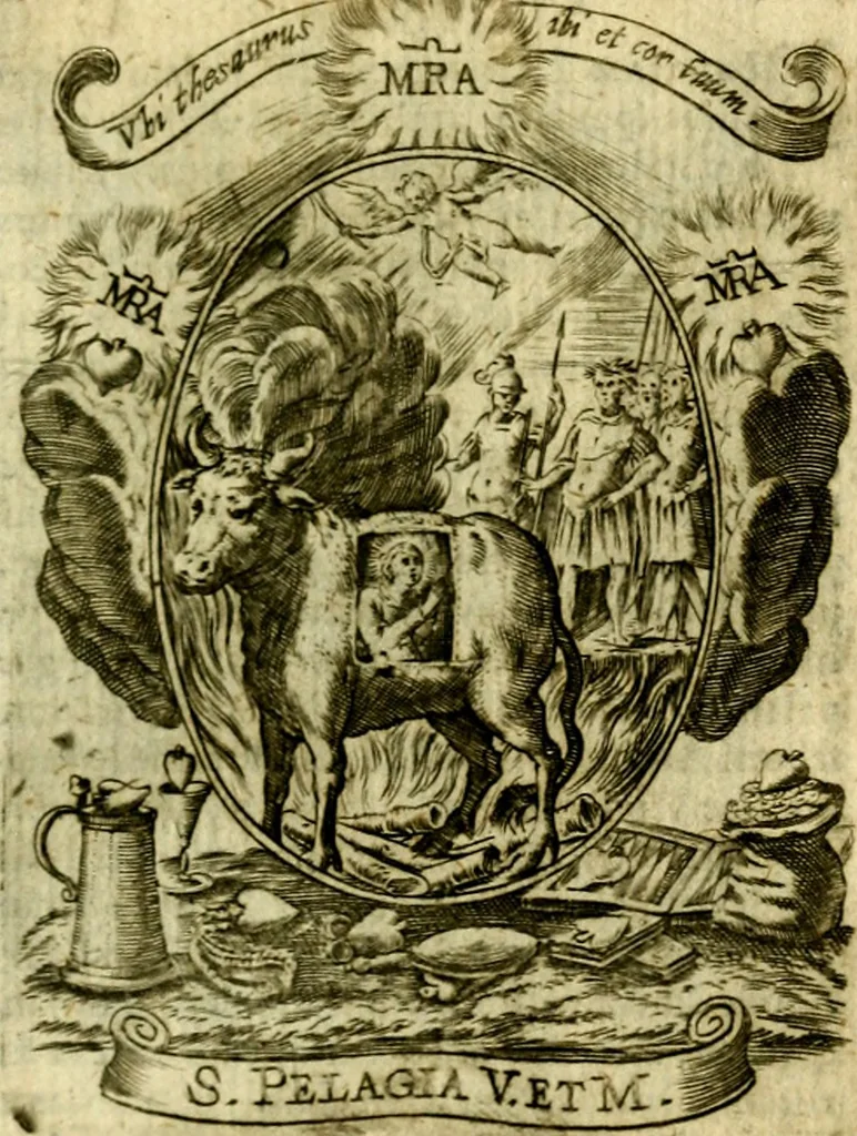 An illustration from Fasti Mariani cum illustrium diuorum imaginib. & elogijs prope DC. in singulos anni menses diésq SS. natales distributis, 1630, leaf 434
