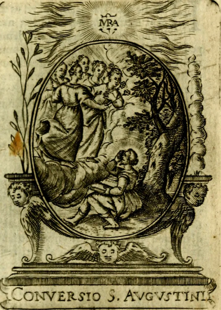 An illustration from Fasti Mariani cum illustrium diuorum imaginib. & elogijs prope DC. in singulos anni menses diésq SS. natales distributis, 1630, leaf 438