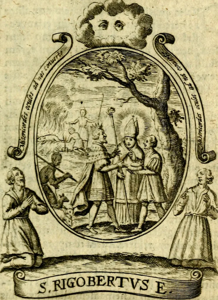 An illustration from Fasti Mariani cum illustrium diuorum imaginib. & elogijs prope DC. in singulos anni menses diésq SS. natales distributis, 1630, leaf 44