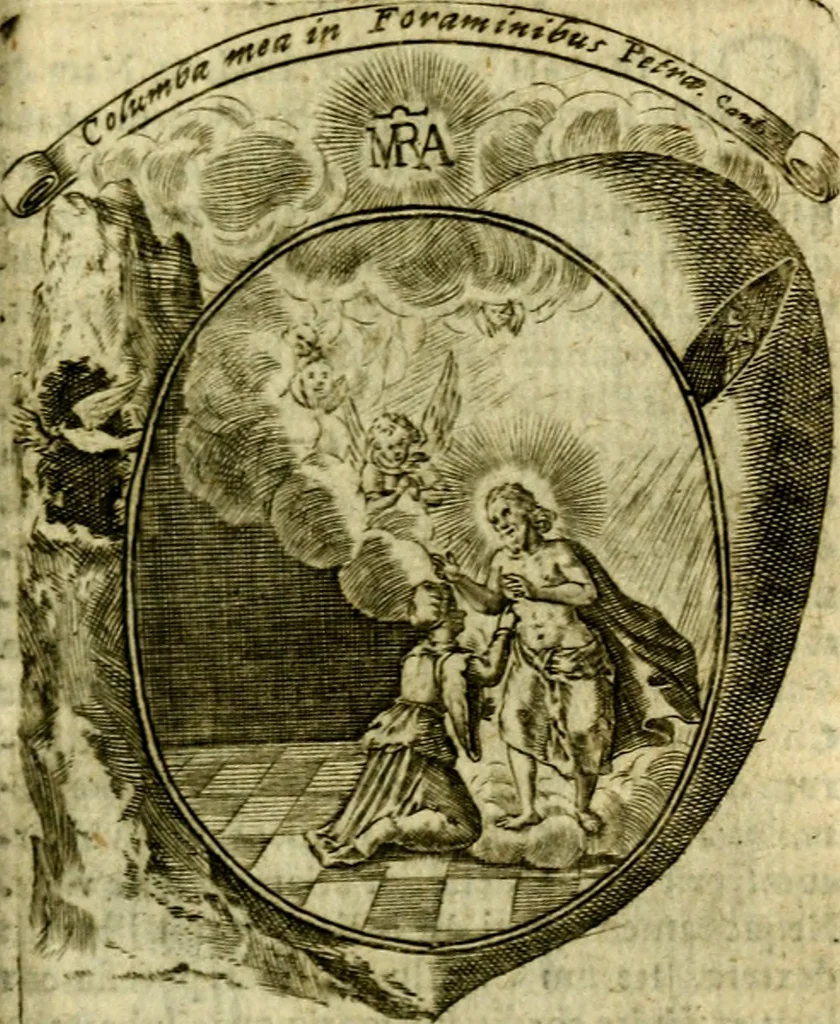 An illustration from Fasti Mariani cum illustrium diuorum imaginib. & elogijs prope DC. in singulos anni menses diésq SS. natales distributis, 1630, leaf 442