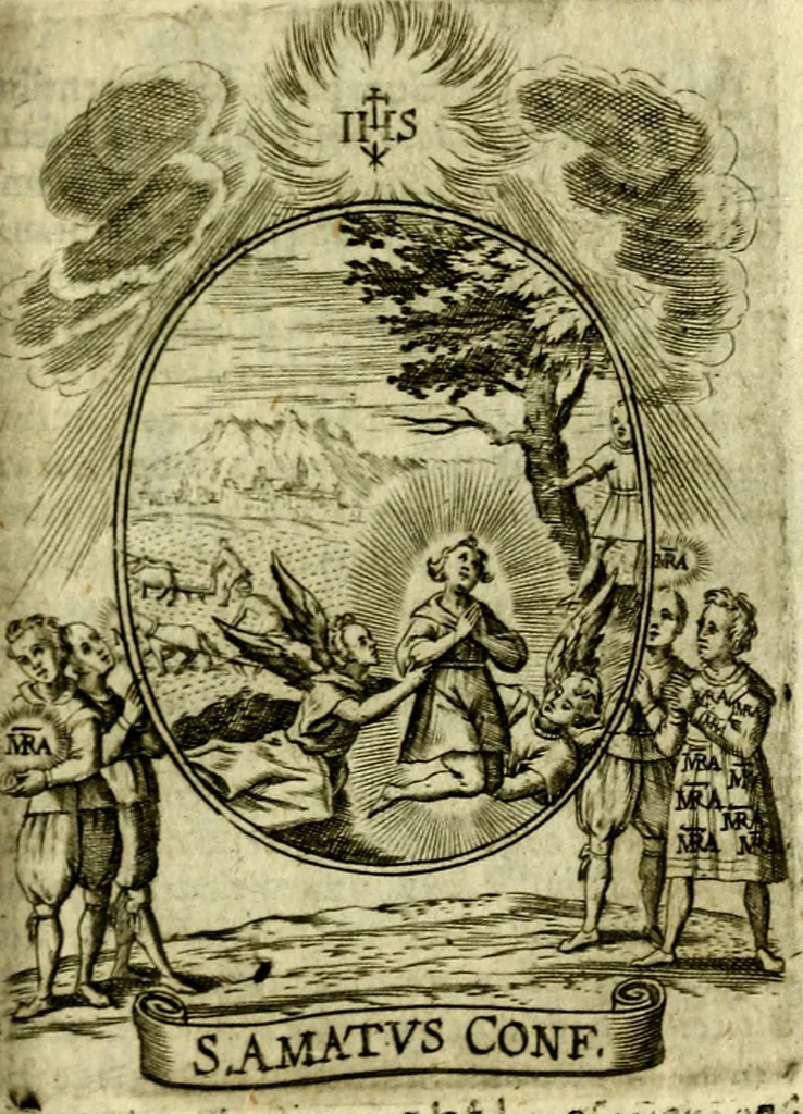 An illustration from Fasti Mariani cum illustrium diuorum imaginib. & elogijs prope DC. in singulos anni menses diésq SS. natales distributis, 1630, leaf 448