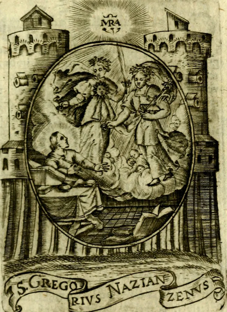 An illustration from Fasti Mariani cum illustrium diuorum imaginib. & elogijs prope DC. in singulos anni menses diésq SS. natales distributis, 1630, leaf 450
