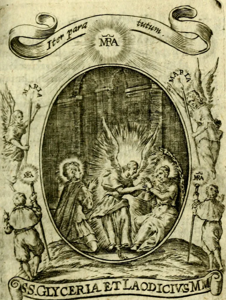 An illustration from Fasti Mariani cum illustrium diuorum imaginib. & elogijs prope DC. in singulos anni menses diésq SS. natales distributis, 1630, leaf 452